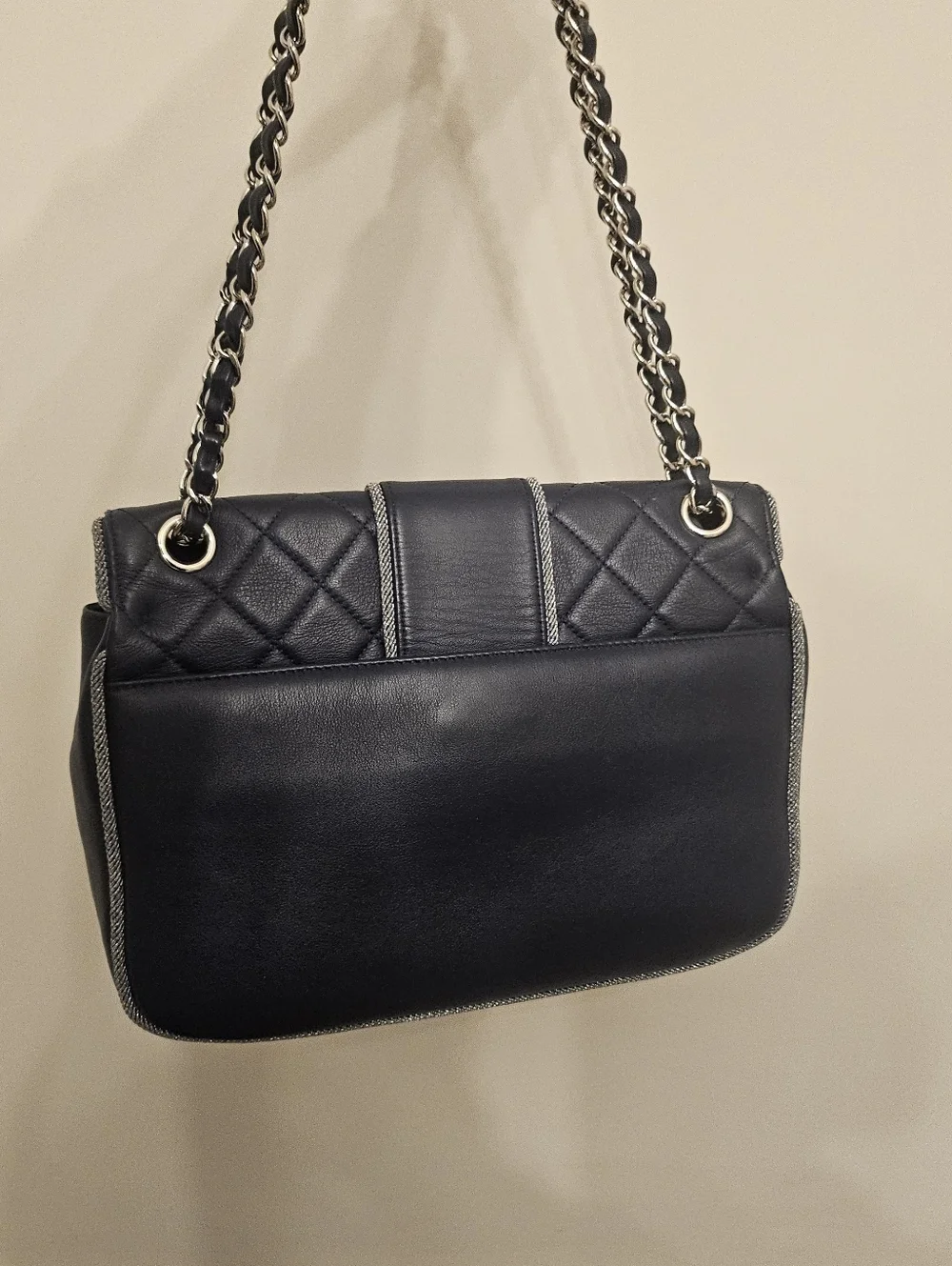 Chanel Navy Quilted Lambskin Flap Bag Silver Braided Trim Ruthenium Chain